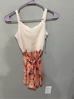 Rare Editions Cream Crochet Bodice Romper with Orange Floral Skirt Like New